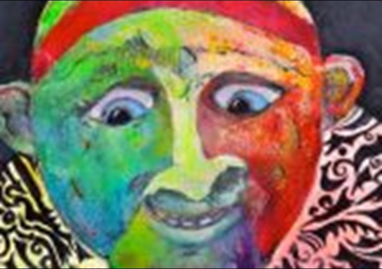 Farverigt maleri af ansigt. Foto: Skolekunstforeningen Midt-Vest. 